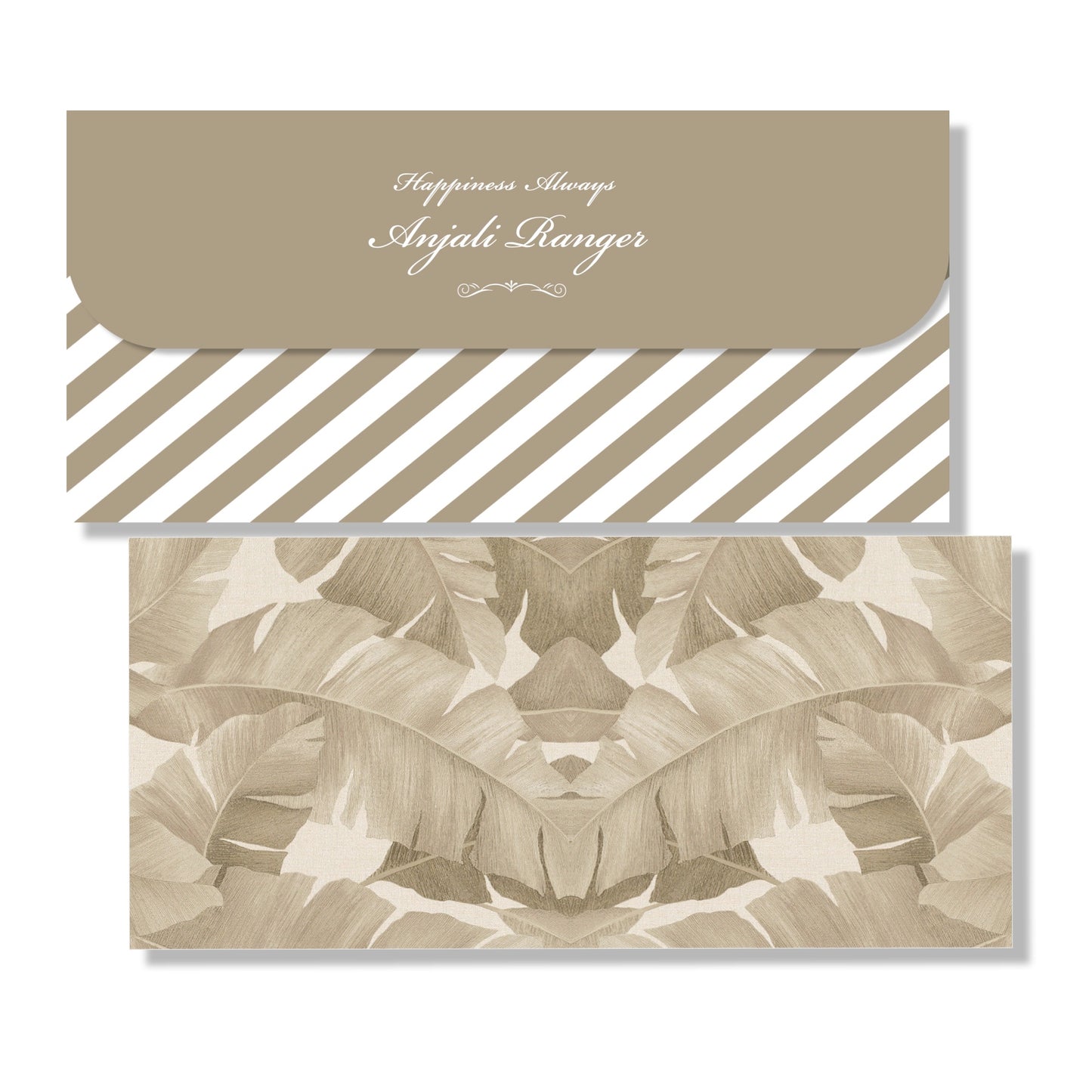 A stack of beige colored envelopes with a floral pattern and text detailing.