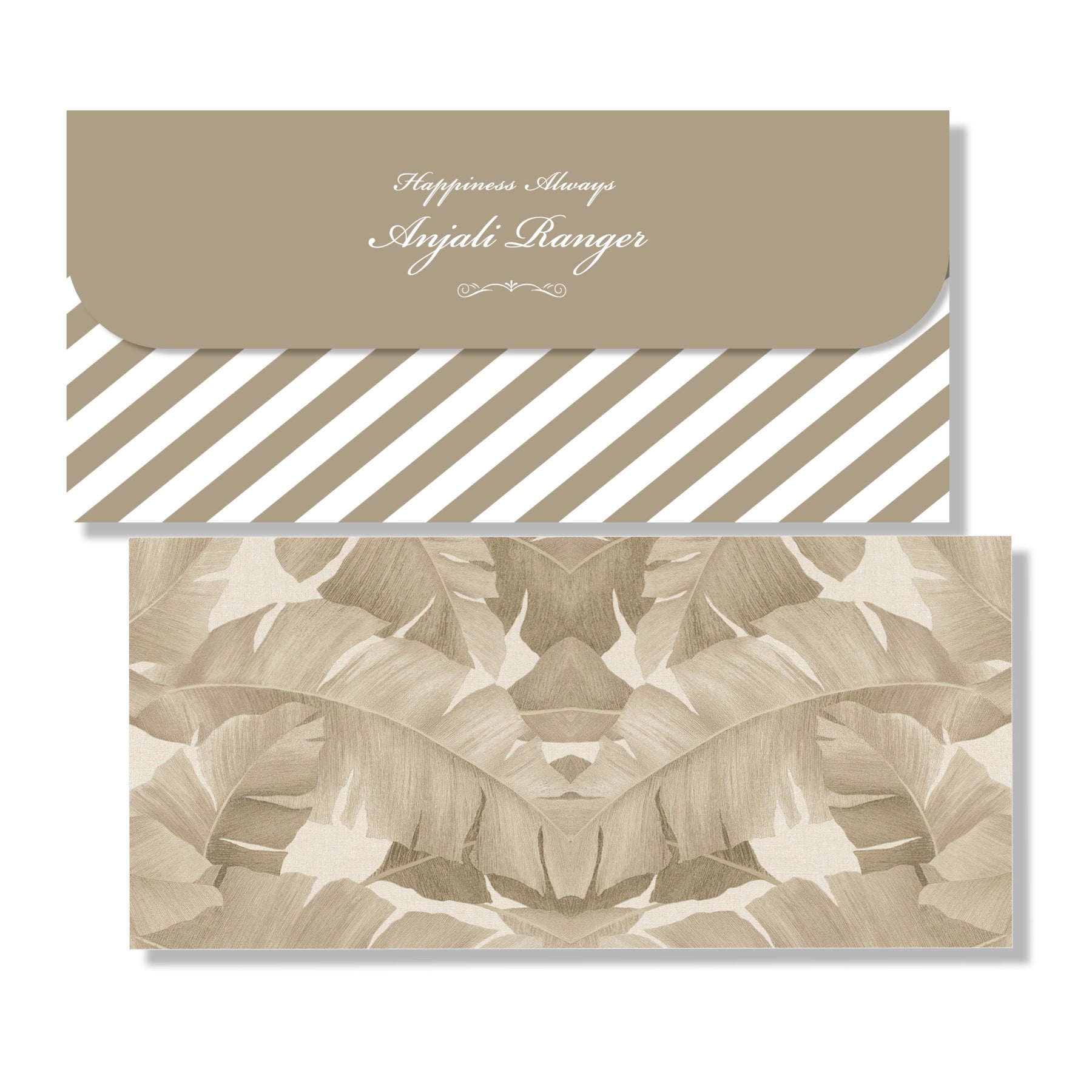 A stack of beige colored envelopes with a floral pattern and text detailing.