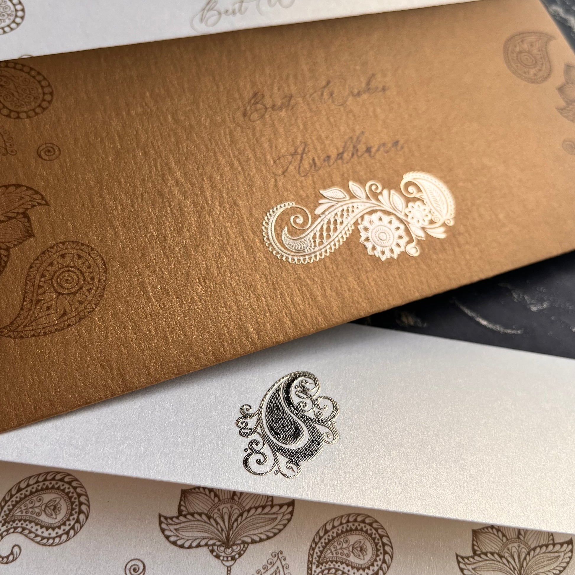 Close-up of paisley designs on textured paper.