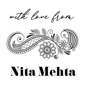 A digital image featuring a paisley design with elegant bold lettering, intended as a paper gift label. The actual product is described as gold paper labels, but the image shows a black and white design with the text 'with love from Nita Mehta' surrounded by floral and paisley patterns.
