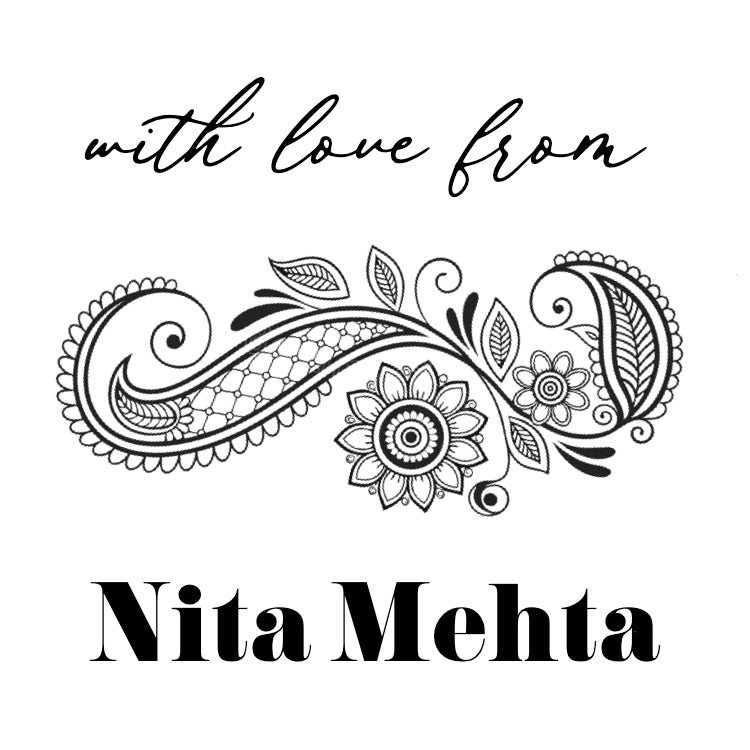 A digital image featuring a paisley design with elegant bold lettering, intended as a paper gift label. The actual product is described as gold paper labels, but the image shows a black and white design with the text 'with love from Nita Mehta' surrounded by floral and paisley patterns.