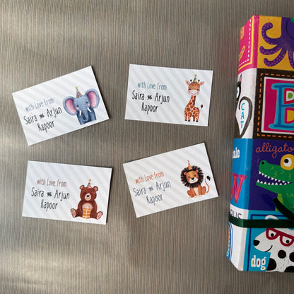 Set of 4 gift cards for kids with cute animals in party hats on striped grey background 