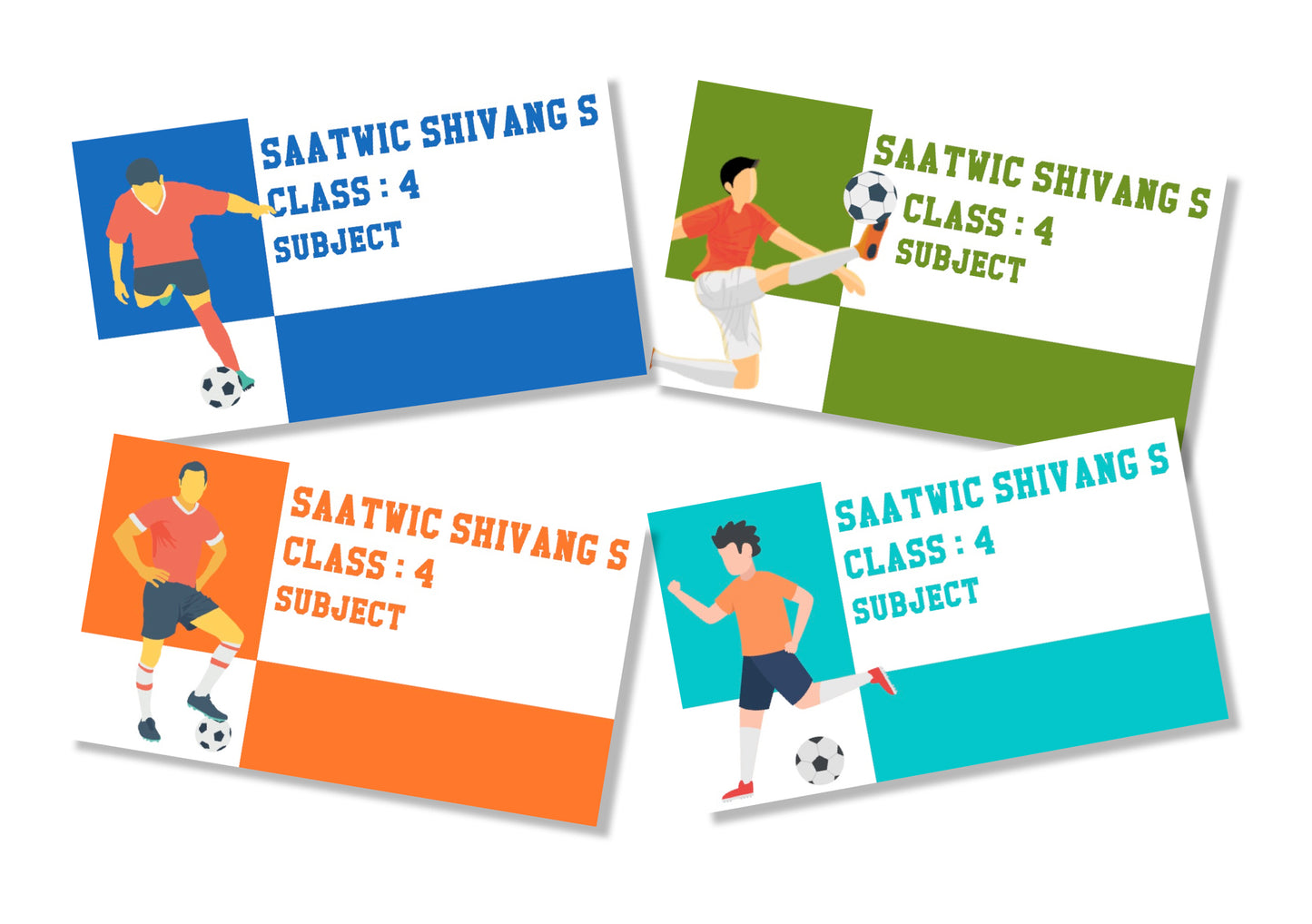 Four colorful book label designswith a soccer player illustration and text on a white background