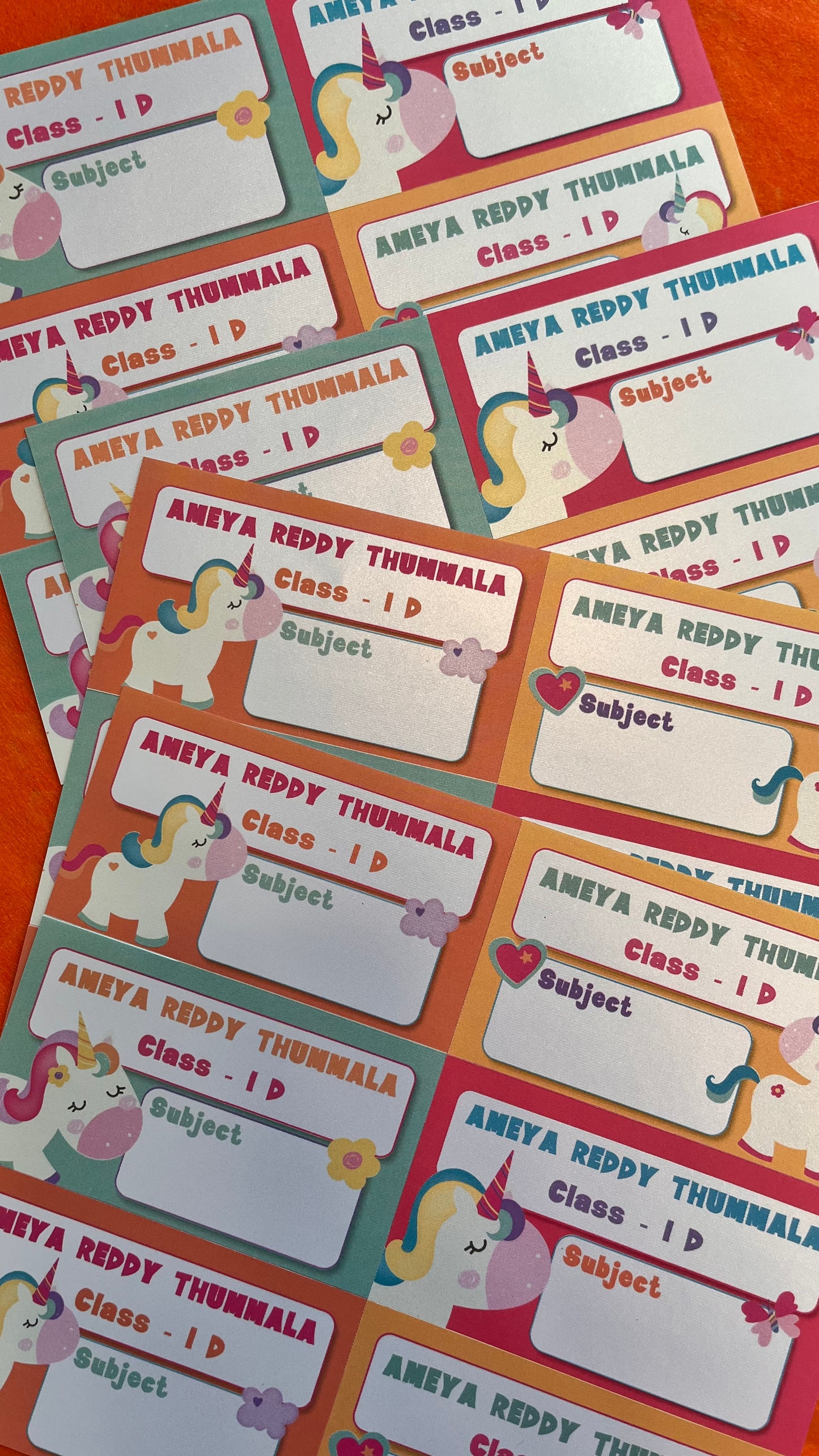 personalised unicorn theme book labels in matching 4 different designs