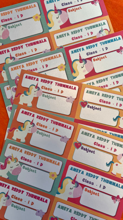 personalised unicorn theme book labels in matching 4 different designs