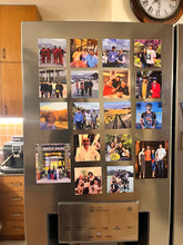 A collection of various photo magnets arranged on a refrigerator, displaying different images including portraits and scenic shots.