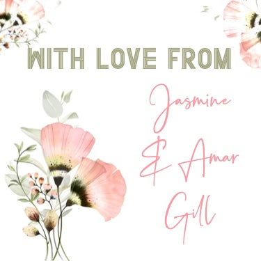 A square-shaped gift label with a floral design and text that reads 'WITH LOVE FROM Jasmine & Amar Gill'.