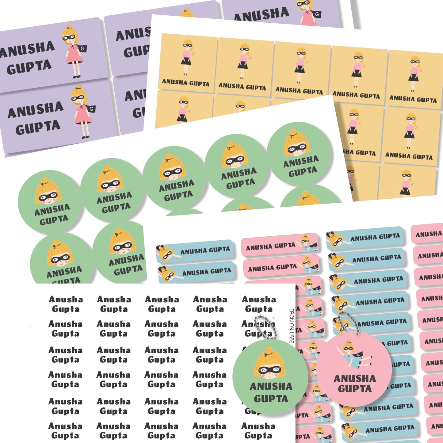 Colourful school labels with power girl images in different shapes and colours