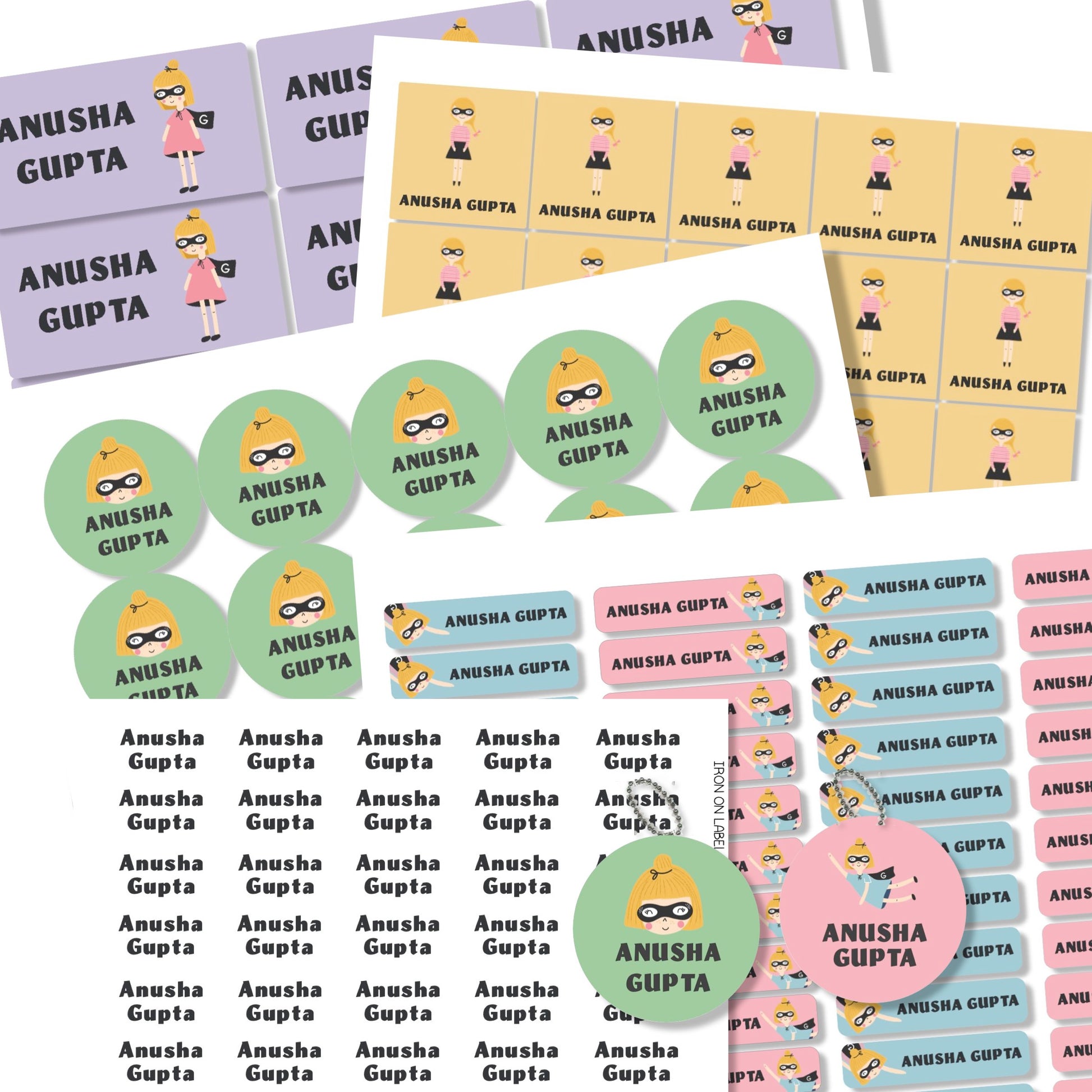 Colourful school labels with power girl images in different shapes and colours