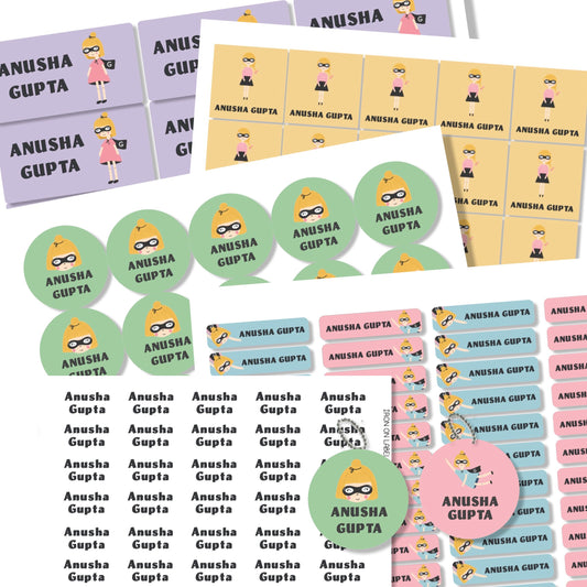 Colourful school labels with power girl images in different shapes and colours