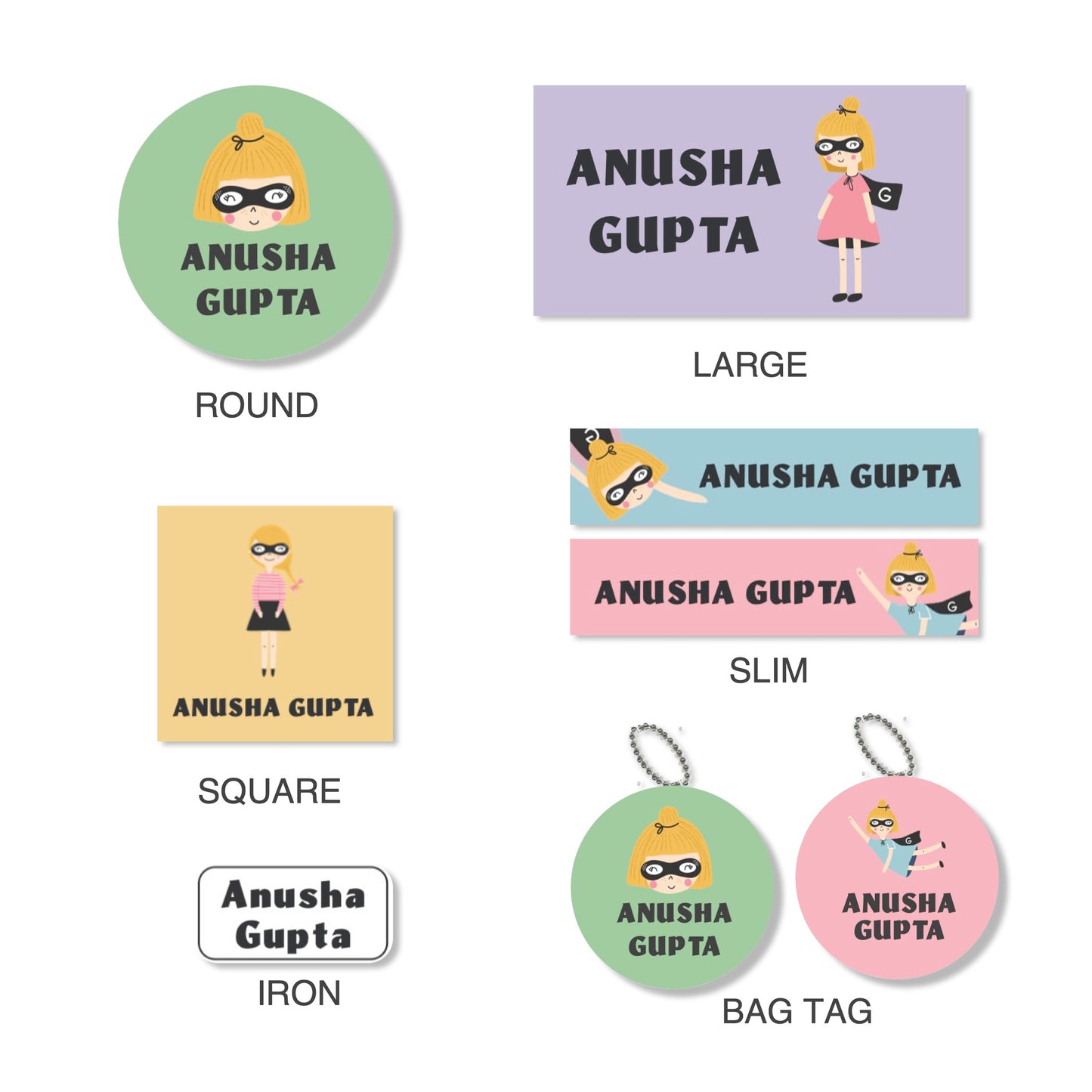 details of the different shapes and sizes of school labels
