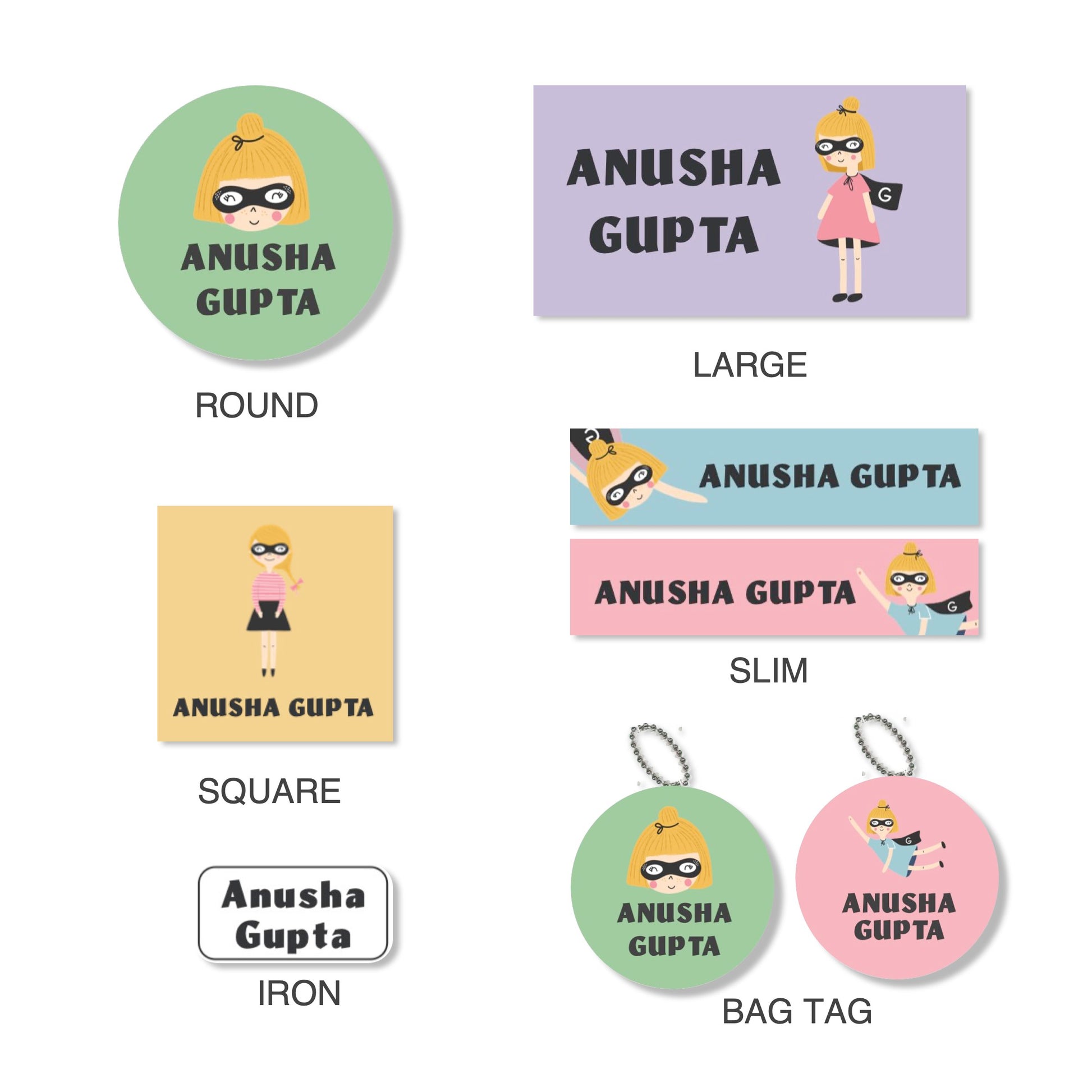 details of the different shapes and sizes of school labels