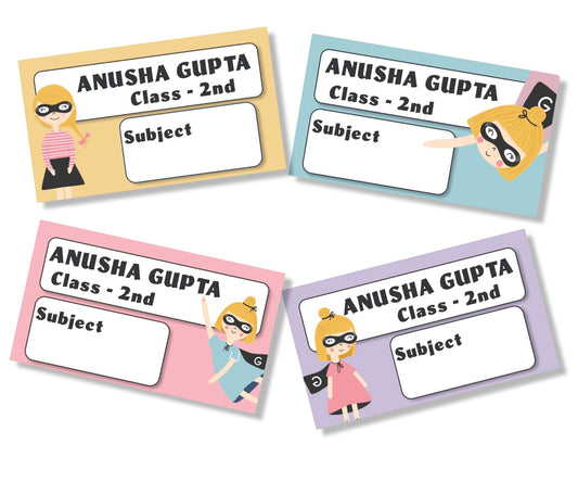 Four colorful superhero-themed book labels Each card has a different pastel color background (yellow, blue, pink, and purple) and features a cartoon girl in a black mask and cape.