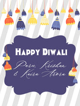 Happy Diwali greeting card with colorful Tassle Toran and personalized names on a striped background