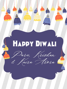 Happy Diwali greeting card with colorful Tassle Toran and personalized names on a striped background