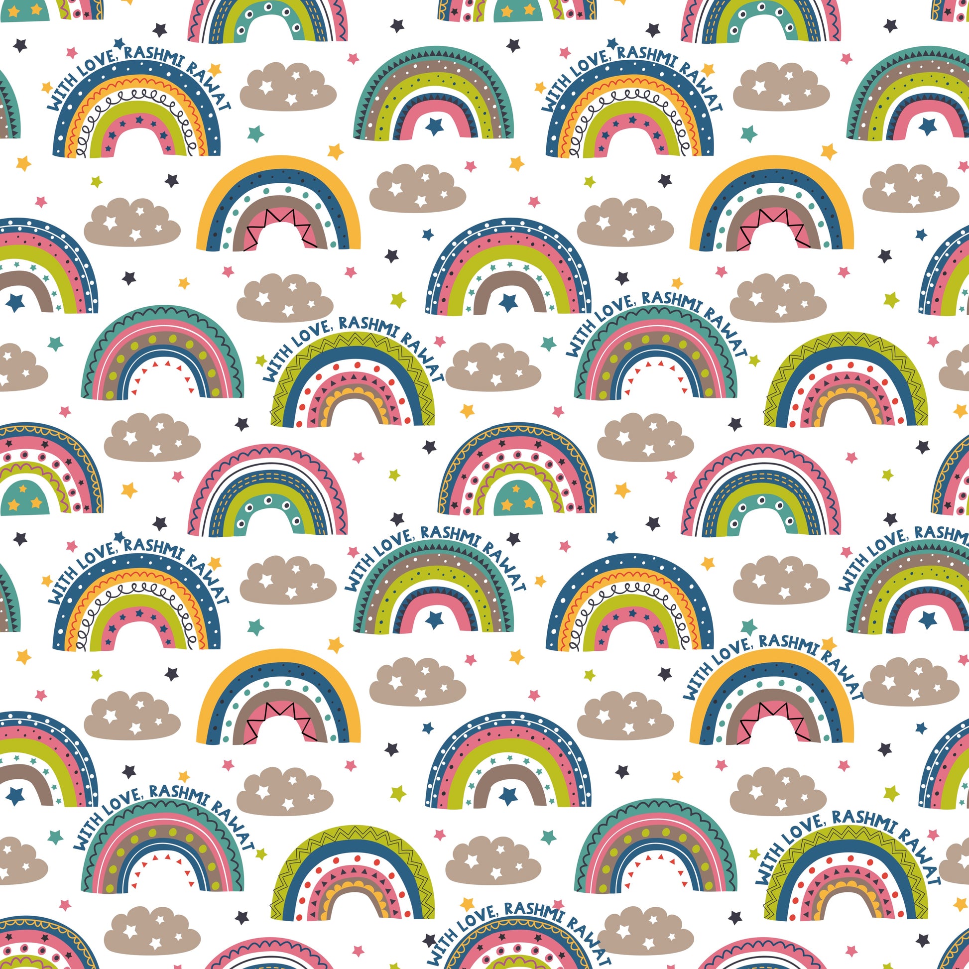 A patterned wrapping paper with rainbows, stars, and personalized text, predominantly in colorful and vibrant hues.