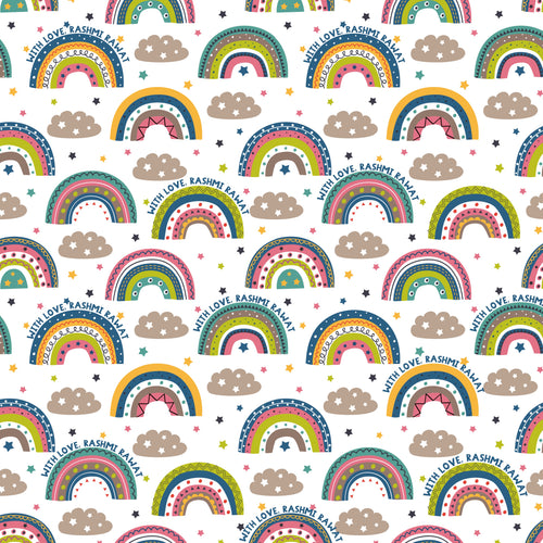 A patterned wrapping paper with rainbows, stars, and personalized text, predominantly in colorful and vibrant hues.