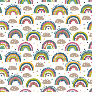 A patterned wrapping paper with rainbows, stars, and personalized text, predominantly in colorful and vibrant hues.