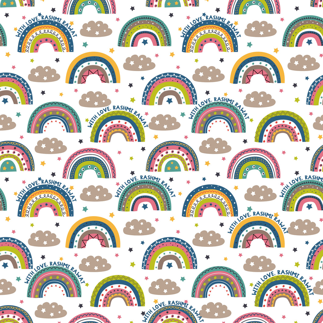 A patterned wrapping paper with rainbows, stars, and personalized text, predominantly in colorful and vibrant hues.