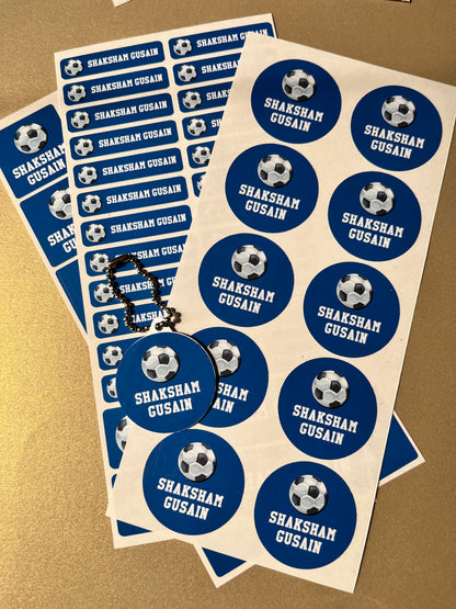Sheet of blue and white stickers with text on a beige background