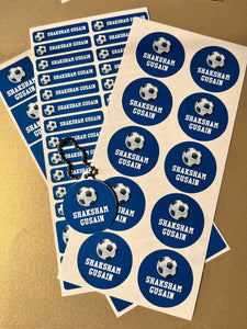 Sheet of blue and white stickers with text on a beige background