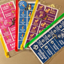Stickers with names and cartoon characters in a transparent ziplock bag for return gifts