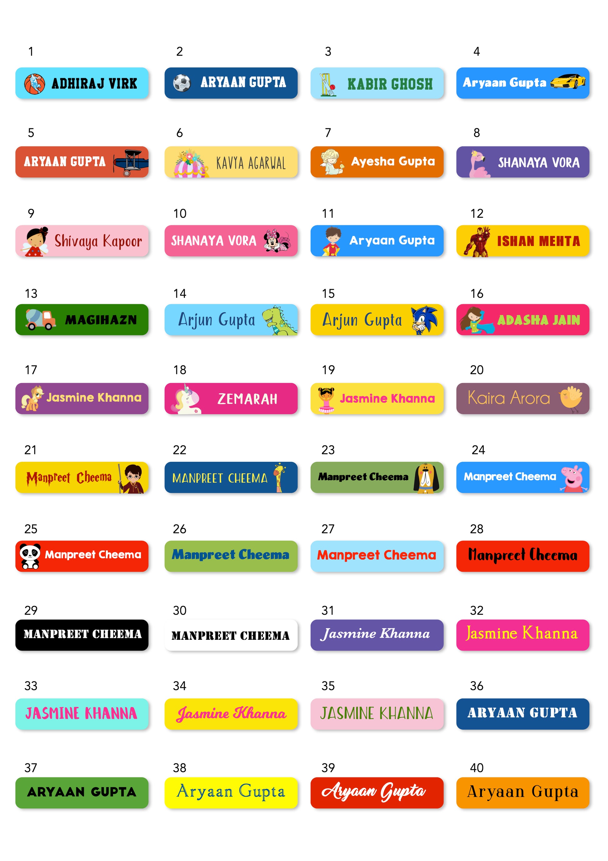 Colorful slim rectangle name tags with various designs on a white background