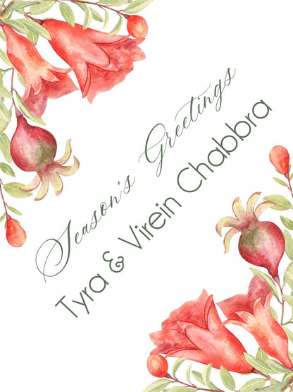 Floral design with pomegranates and their flowers with 'Season's Greetings' text on a white background