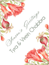 Floral design with pomegranates and their flowers with 'Season's Greetings' text on a white background
