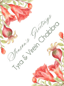 Floral design with pomegranates and their flowers with 'Season's Greetings' text on a white background