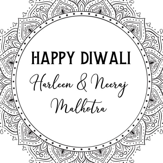 Happy Diwali message with personalized names inside a decorative circular design.