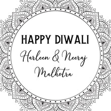 Happy Diwali message with personalized names inside a decorative circular design.