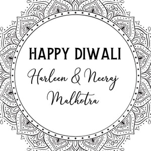 Happy Diwali message with personalized names inside a decorative circular design.