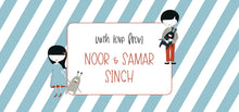 Gift envelope design front Cartoon characters holding a sign with 'with love from on a striped background