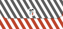 Two cartoon characters on a striped background with red, white, and black horizontal stripes.