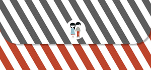 Two cartoon characters on a striped background with red, white, and black horizontal stripes.