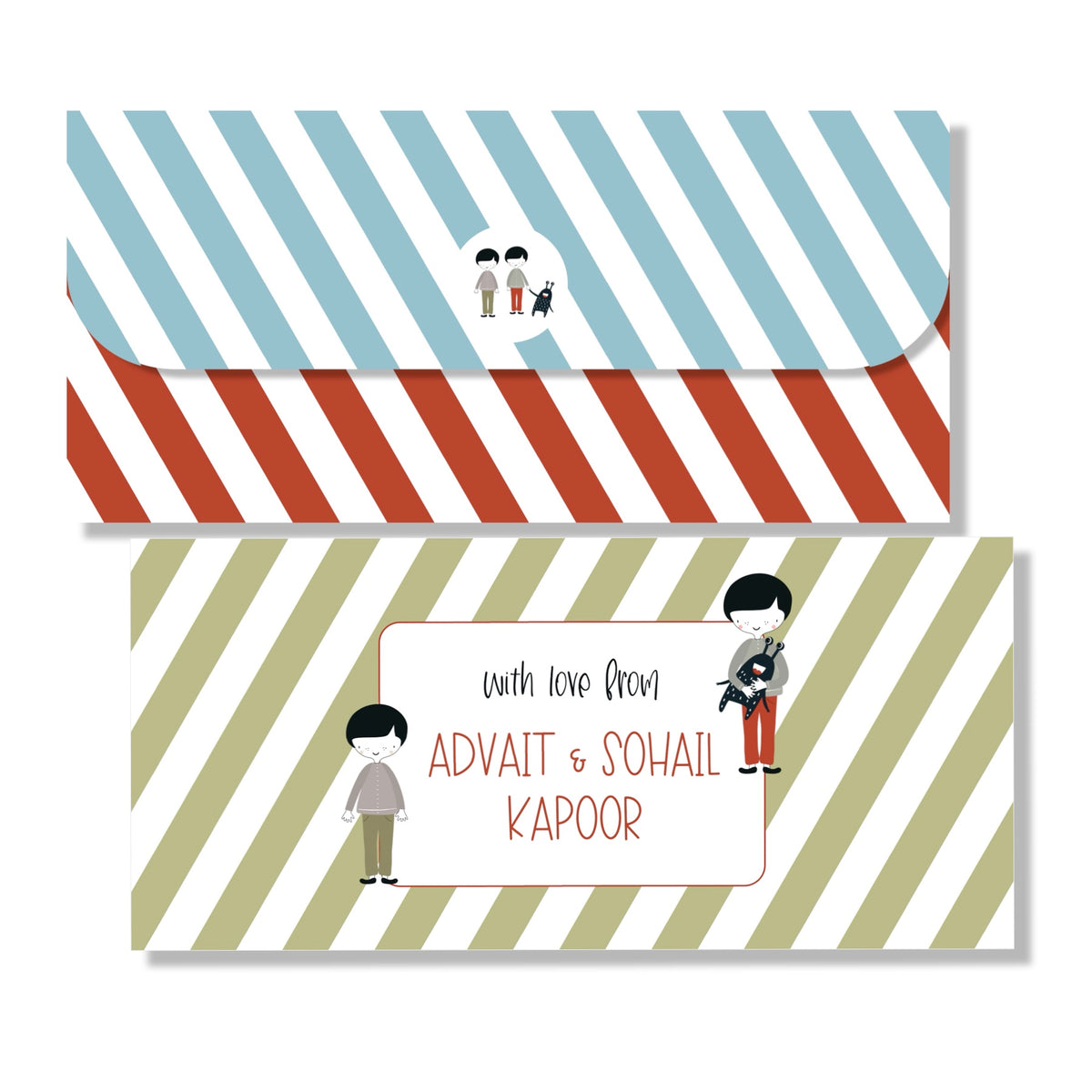 Two envelopes with striped designs and personalized text on a white background