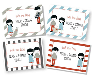Four gift card designs in a matching theme with brother sister and striped patterns, featuring the text 'with love from 