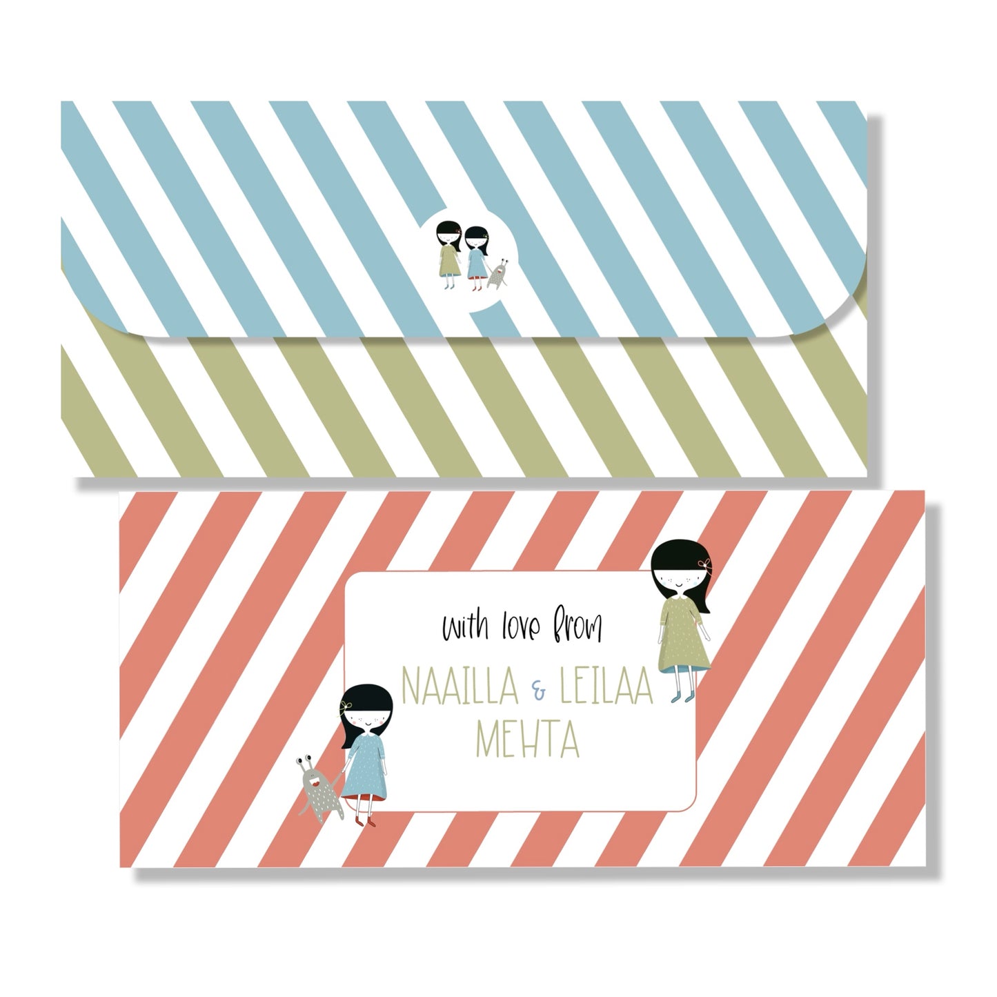Two envelopes with striped patterns and cartoon characters on a white background