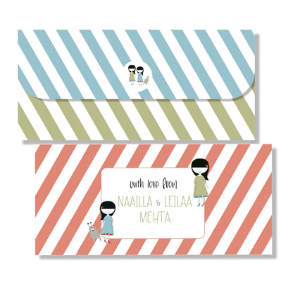 Two envelopes with striped patterns and cartoon characters on a white background