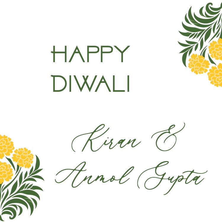 Happy Diwali greeting card with floral designs and personalized names on a white background