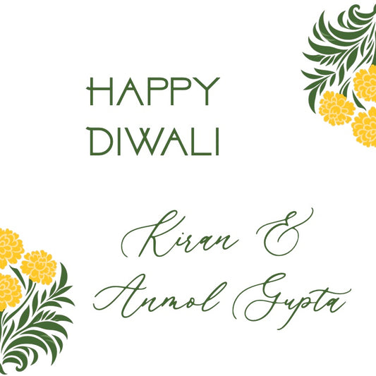 Happy Diwali greeting card with floral designs and personalized names on a white background