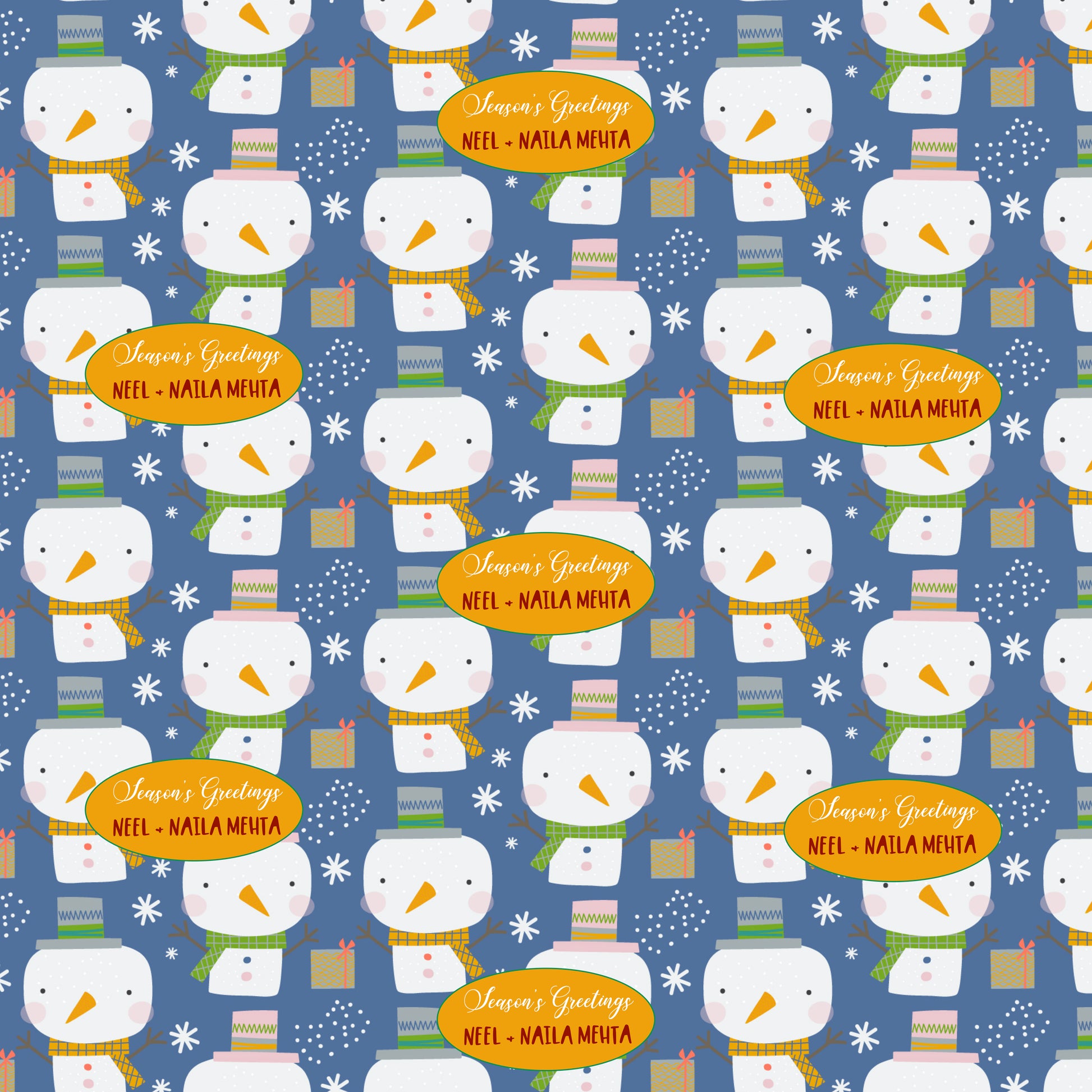 Personalised xmas wrapping paper with blue background and a snowman and snowflakes with a yellow box with names on it