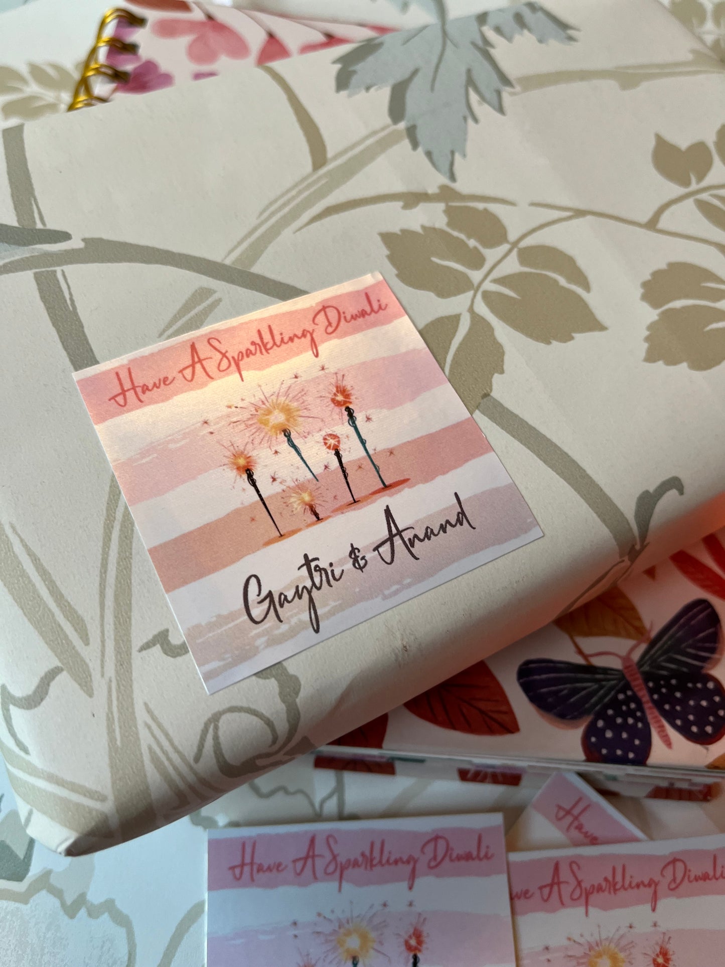 personalsied diwali wishes gift label prink stripes with sparklers