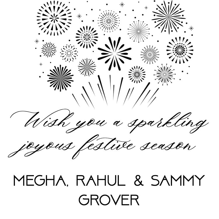  festive greeting with fireworks and personalized names on a white background