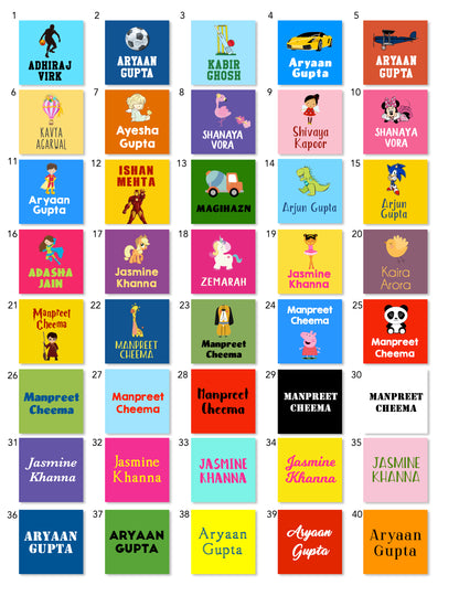 Grid of colorful name square name labels  with various names printed on them