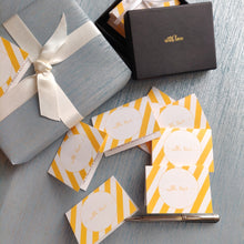 folded gift tags yellow slanted stripes with name personalised inside on silver blue background 