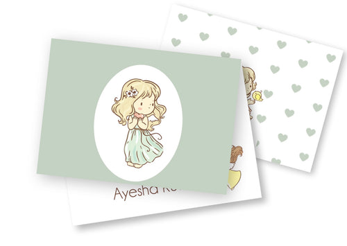 folded Card tag with a sweet angel girl in a green dress on a light green background