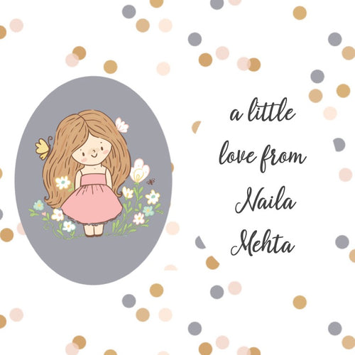 A gift label featuring a cute, cartoon-style girl with a pink dress and white flowers, with the text 'A little love from Naira Mehta'.