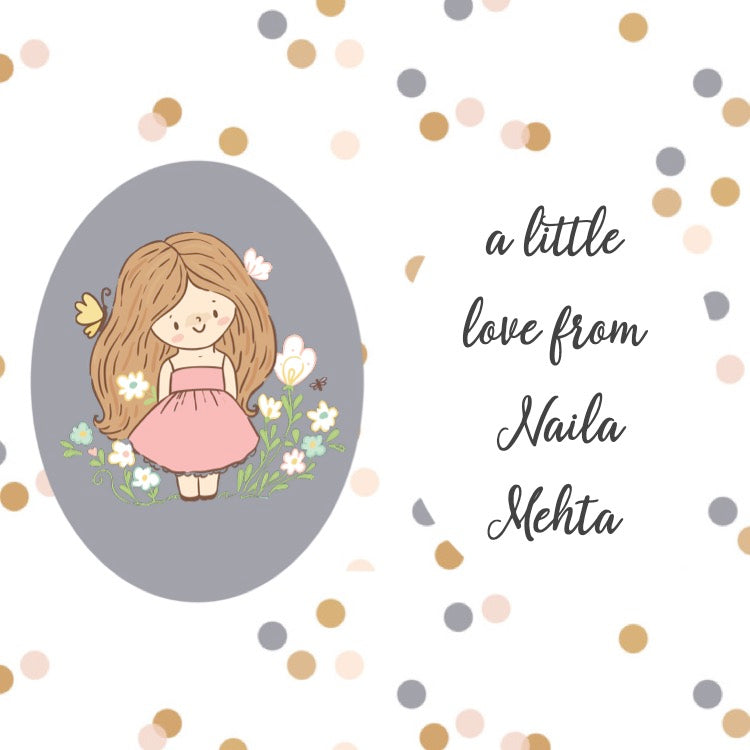 A gift label featuring a cute, cartoon-style girl with a pink dress and white flowers, with the text 'A little love from Naira Mehta'.